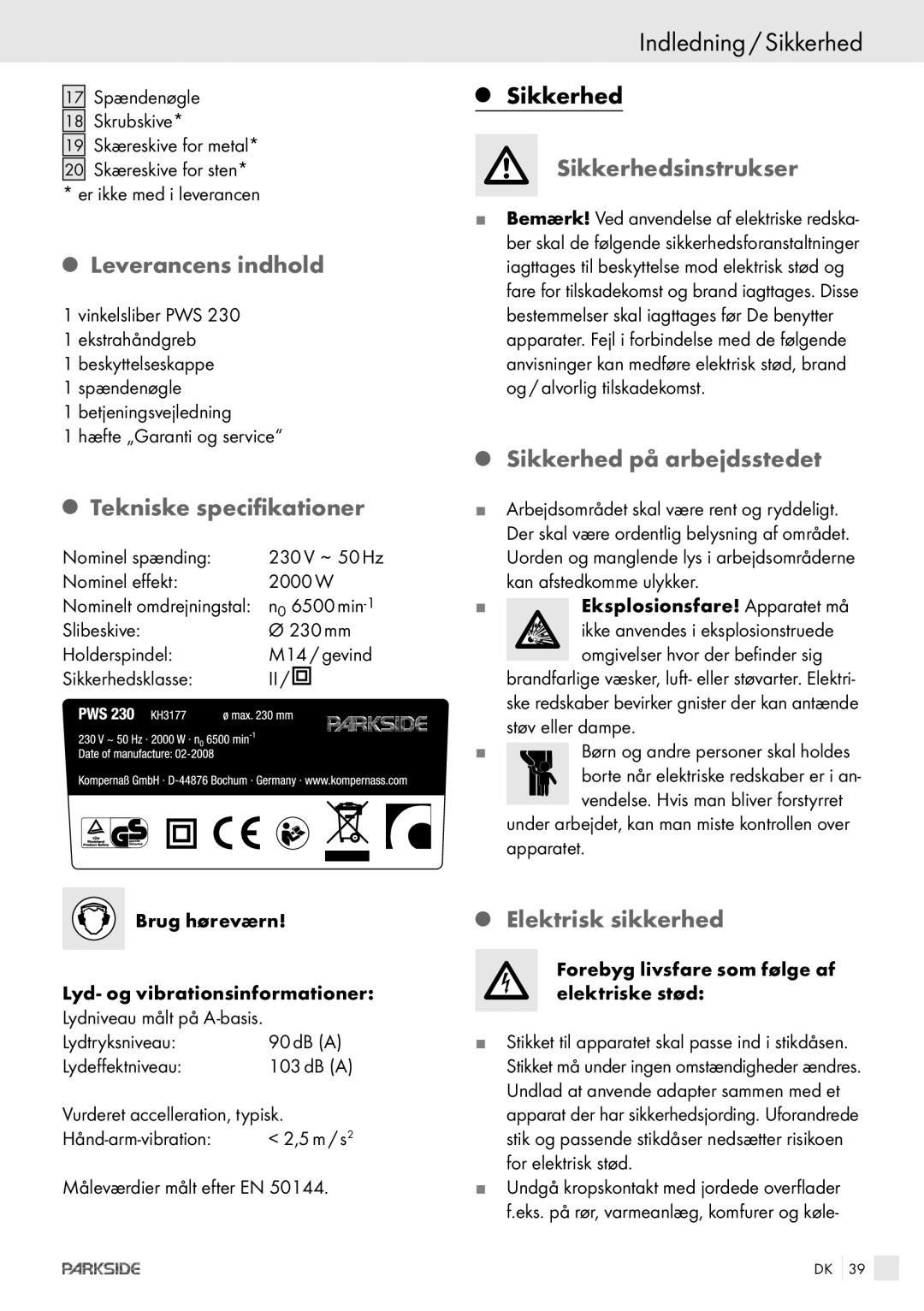 Kompernass PWS 230 manual Indledning / Sikkerhed 